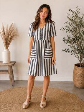 Böhme Striped Cotton Linen Midi Dress Size S Blue White Button Front Pockets